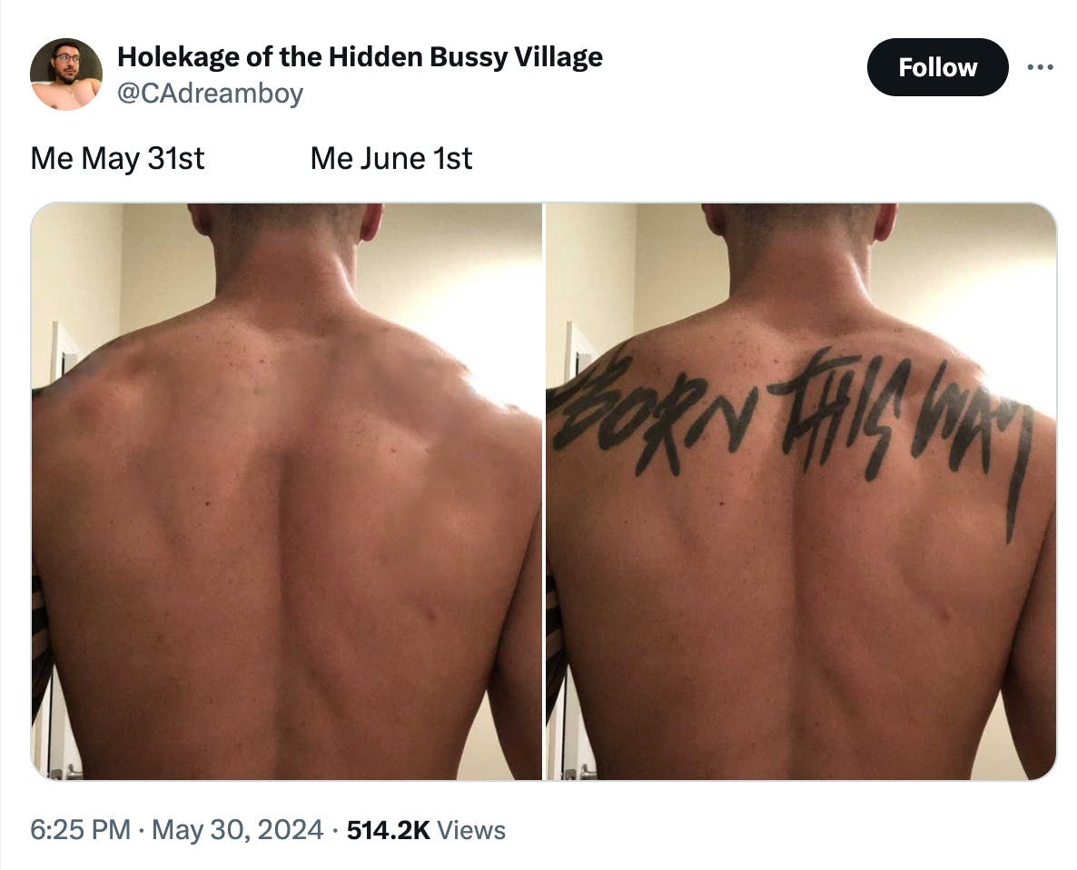 pride month memes: a man's back with 'born this way' tattooed