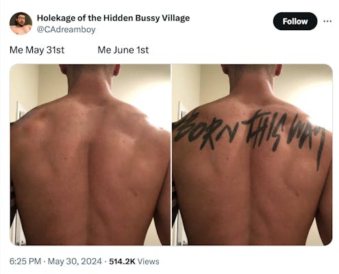 pride month memes: a man's back with "born this way" tattooed