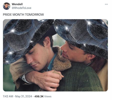 pride month memes: Brokeback Mountain with sparkly hats