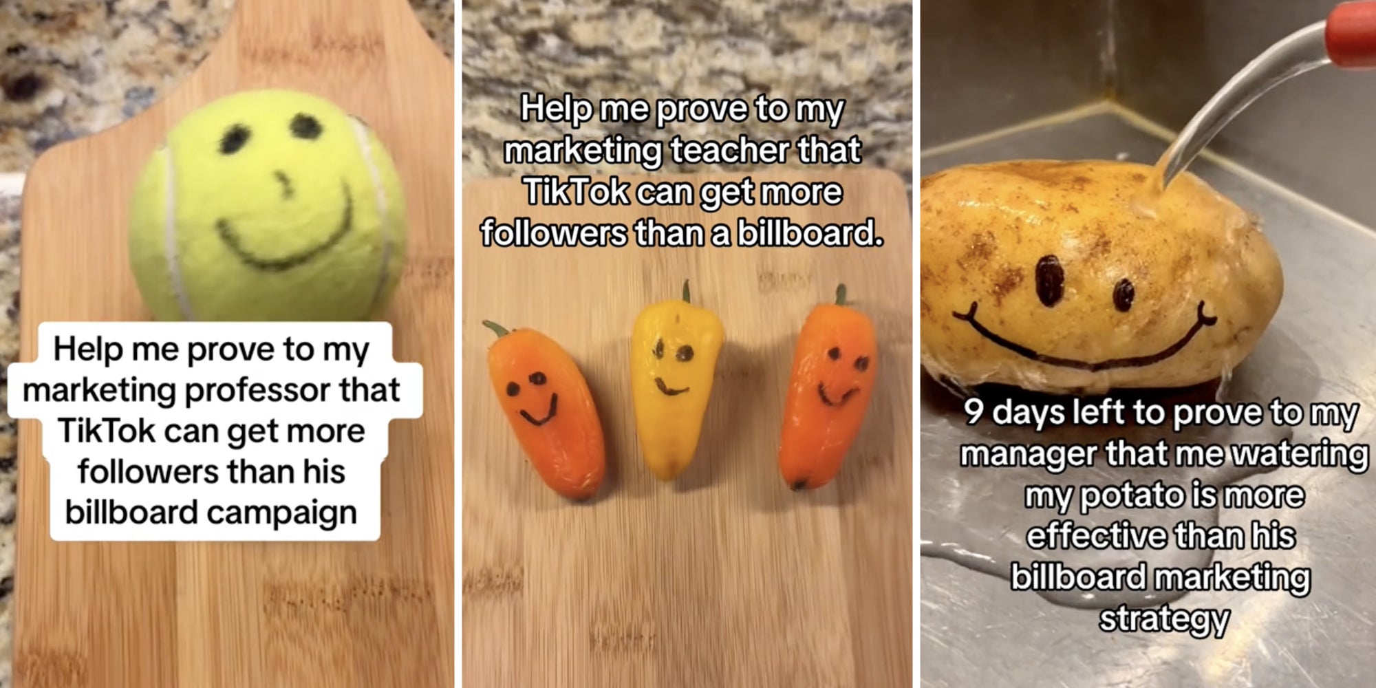 Tennis ball with smiling face(l), Peppers with smiling faces(c), Potato with smiling face(r)