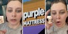 Woman talking(l+r), Purple Mattress sign(c)