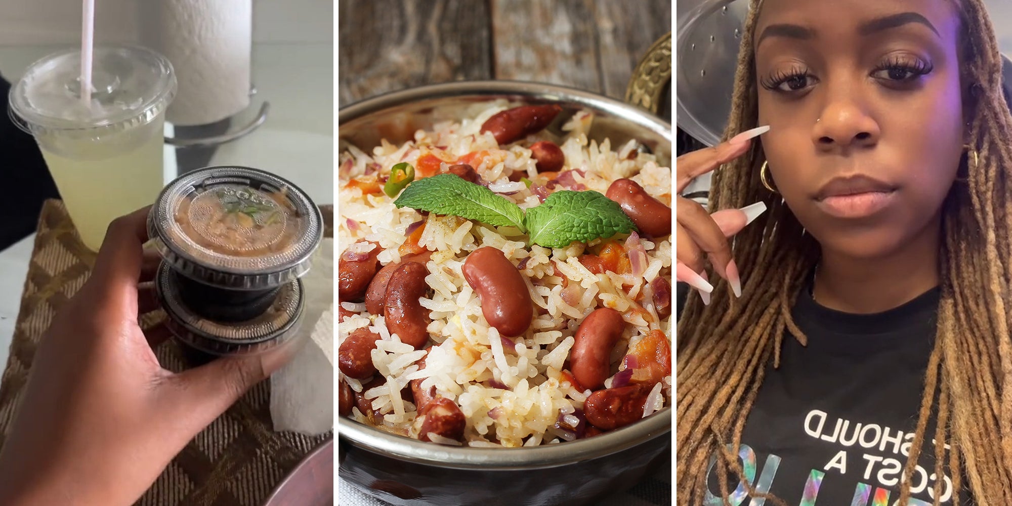Customer pays $5 for side of rice and beans. She can't believe how much she got