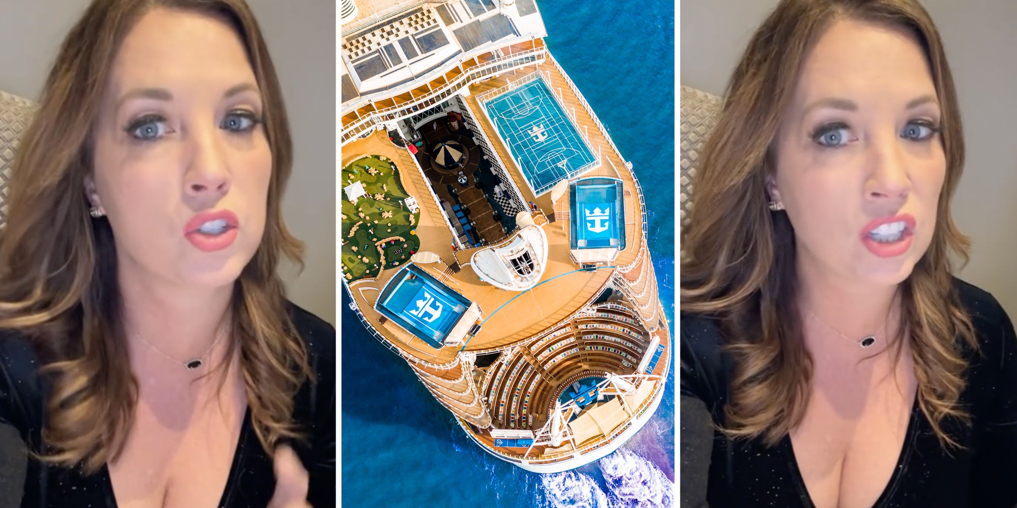 Woman talking(l+r), Royal Caribbean cruise(c)