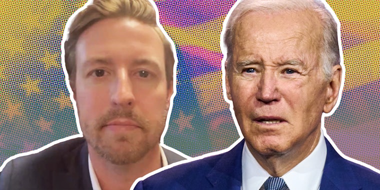 Ryan Walters and Joe Biden over american flag graphic