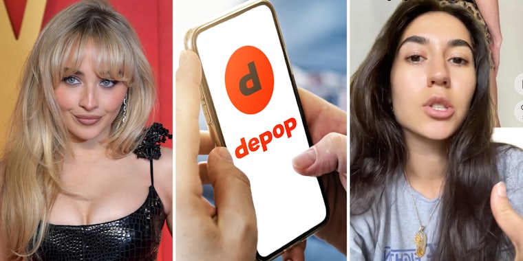 Sabrina Carpenter(l), Hands holding phone with depop app(c), Woman talking(r)