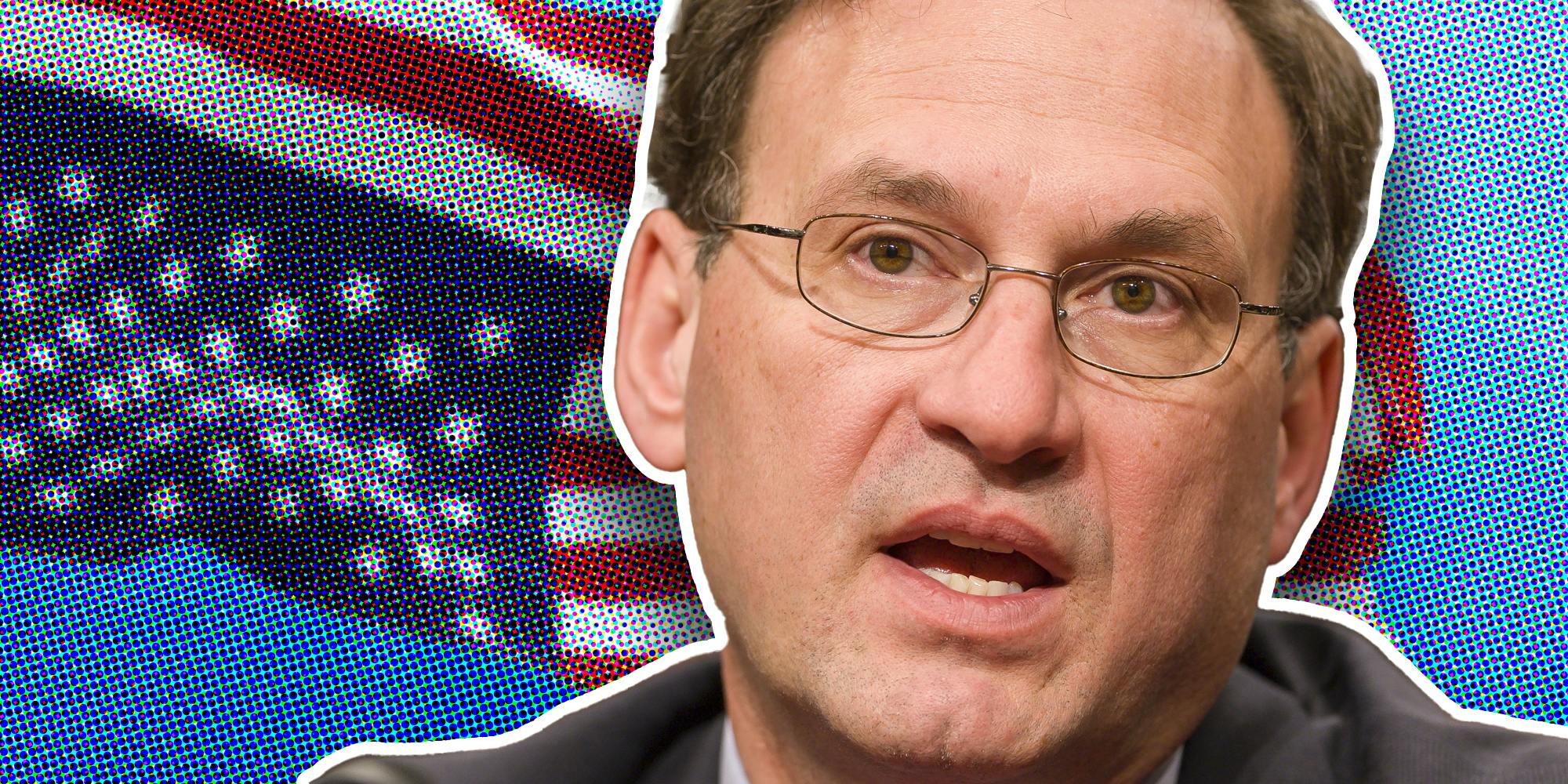 Samuel Alito infront of upside down flag