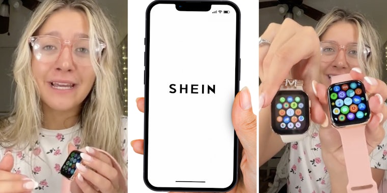 Woman talking with apple watch(l+R), Hand holding phone with shein app(c)