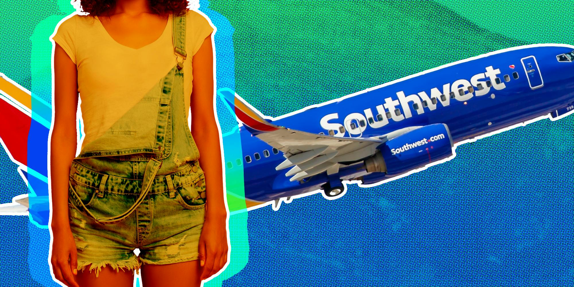 Woman wearing short overalls and southwest airline behind them