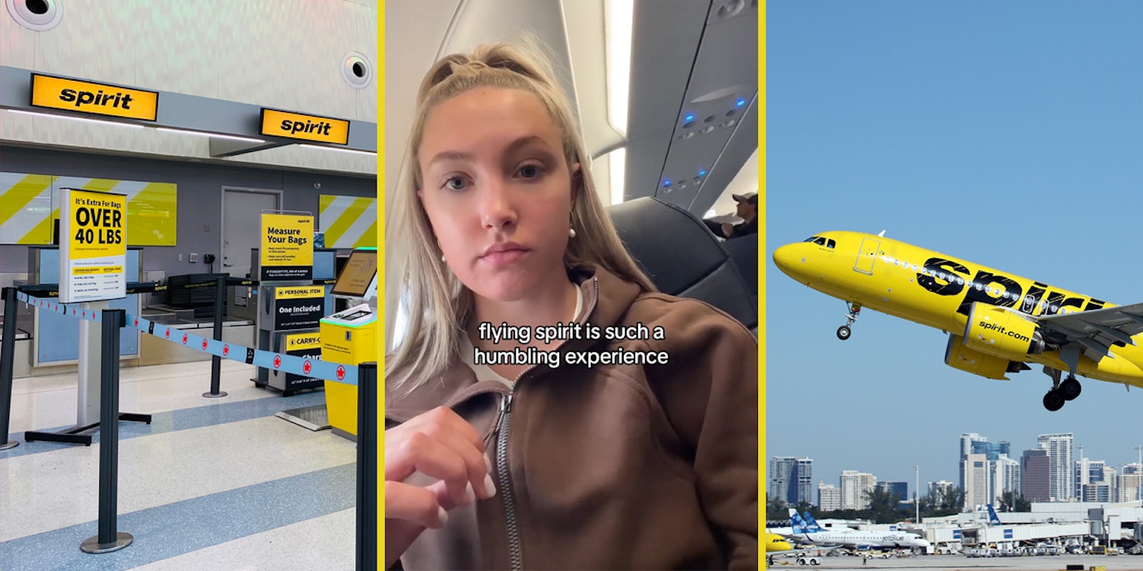 Spirit Airlines line (l) woman in plane with caption 'flying spirit is such a humbling experience' (c) Spirit plane (r)