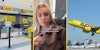 Spirit Airlines line (l) woman in plane with caption 