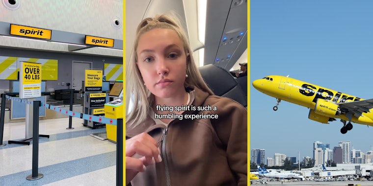 Spirit Airlines line (l) woman in plane with caption 'flying spirit is such a humbling experience' (c) Spirit plane (r)