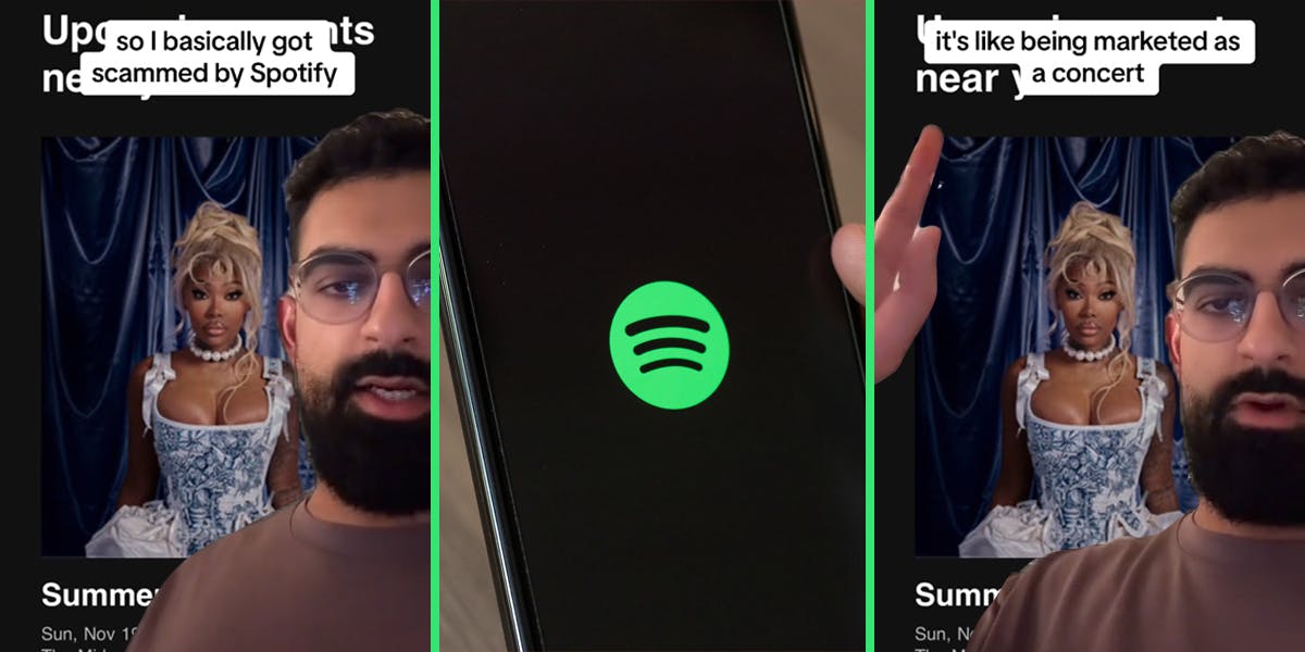 man greenscreen TikTok over Spotify ad with caption "so I basically got scammed by Spotify" (l) Spotify on phone in hand (c) man greenscreen TikTok over Spotify ad with caption "it's like being marketed as a concert" (r)