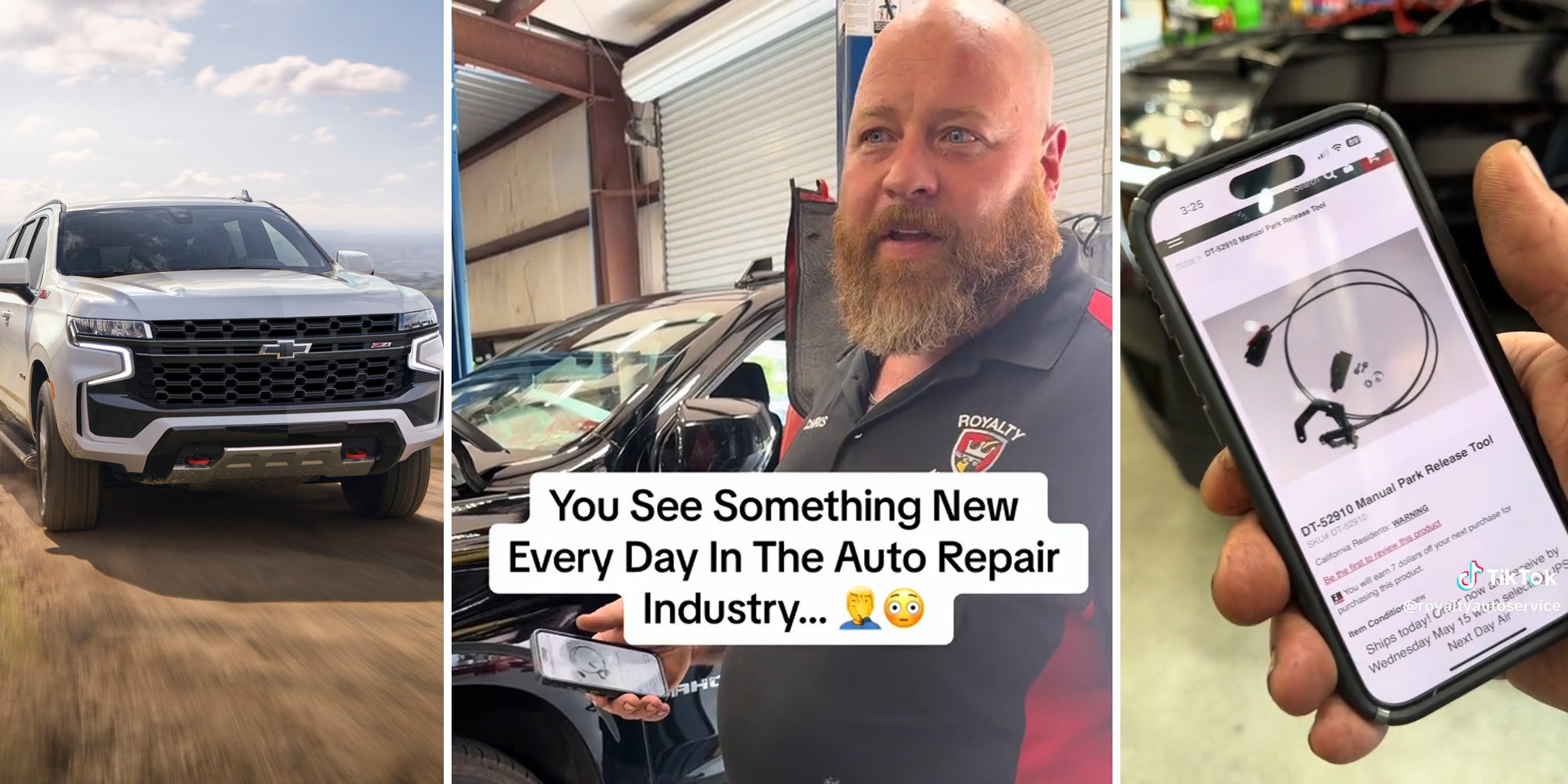 Chevy Tahoe (l) mechanic with caption 'You See Something New Every Day In The Auto Repair Industry...' (c) hand holding product page for neutral tool (r)