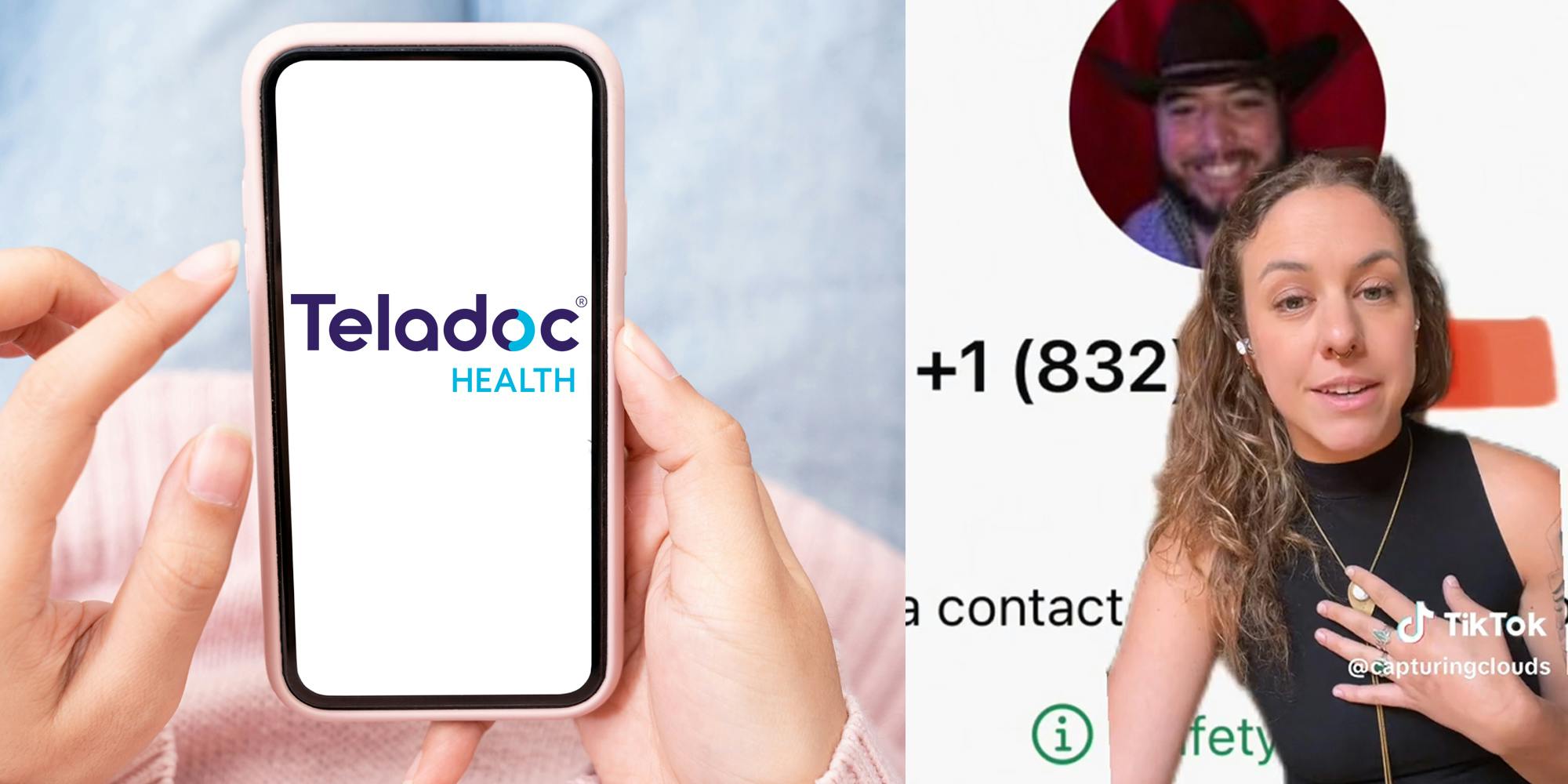 woman holding phone with "Teladoc health" logo (l) woman with phone contact in background of man in cowboy hat (r)