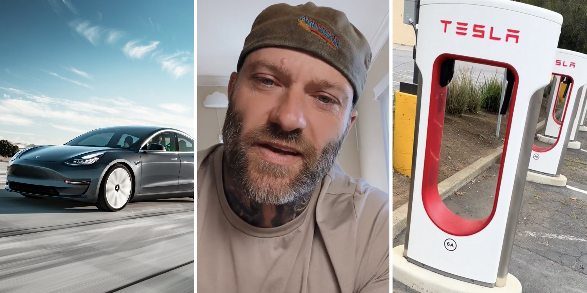 Tesla(l), Man talking(c), Tesla electric chargers(r)