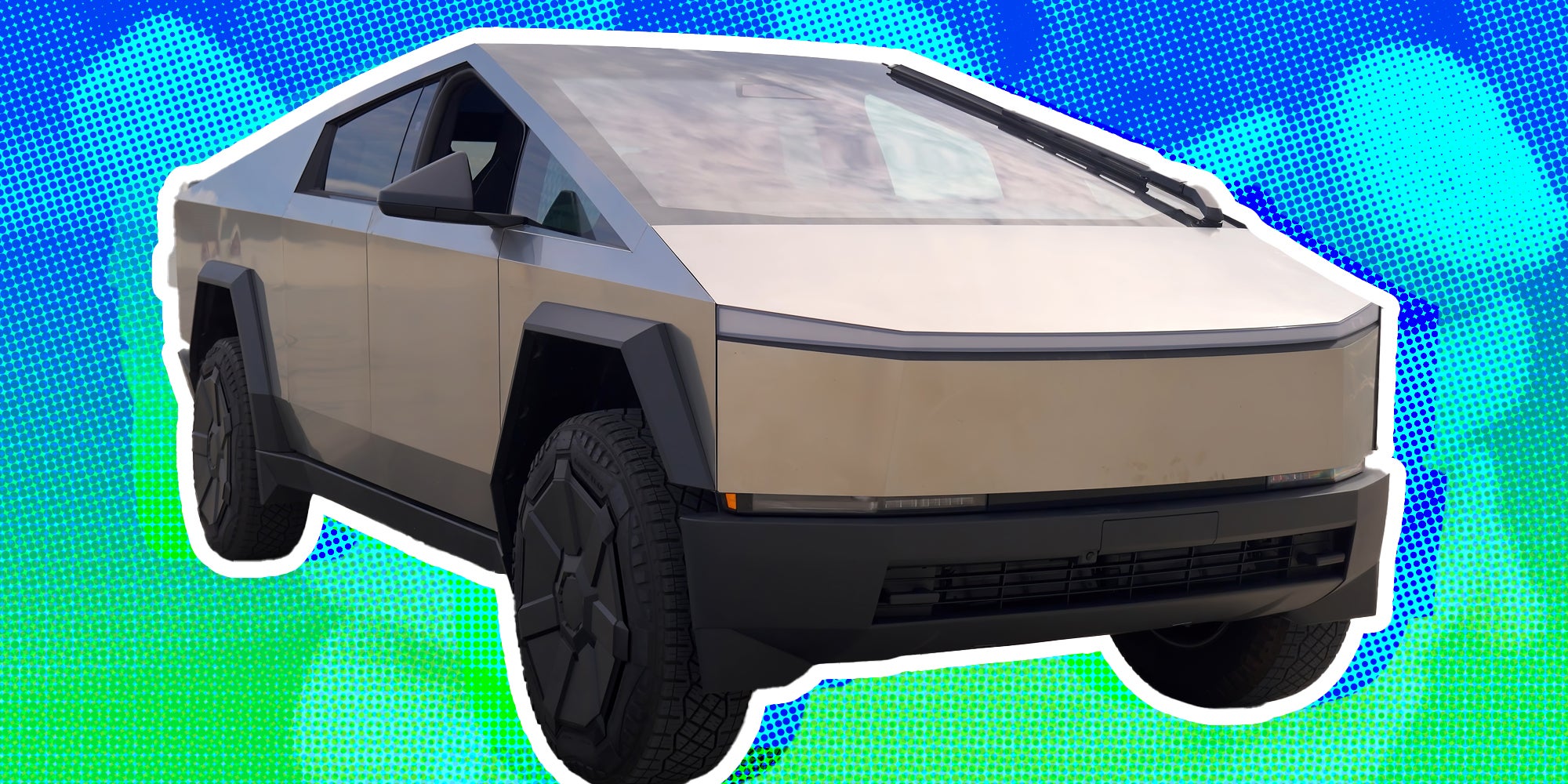 Tesla Cybertruck silhoutted over abstract background of cut vegetables