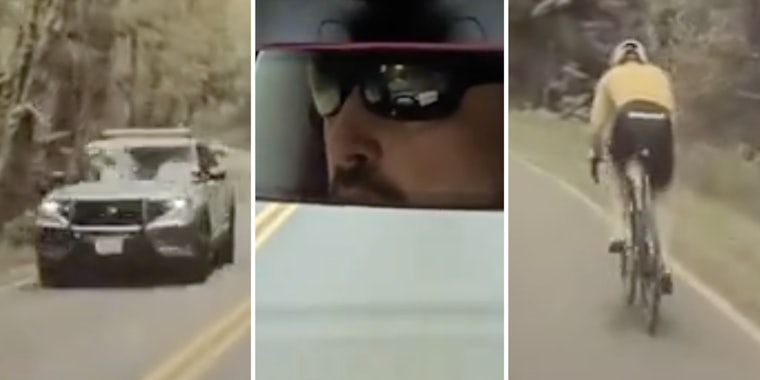 Police Car(l), Image of man in review mirror(c), Person on bike(r)
