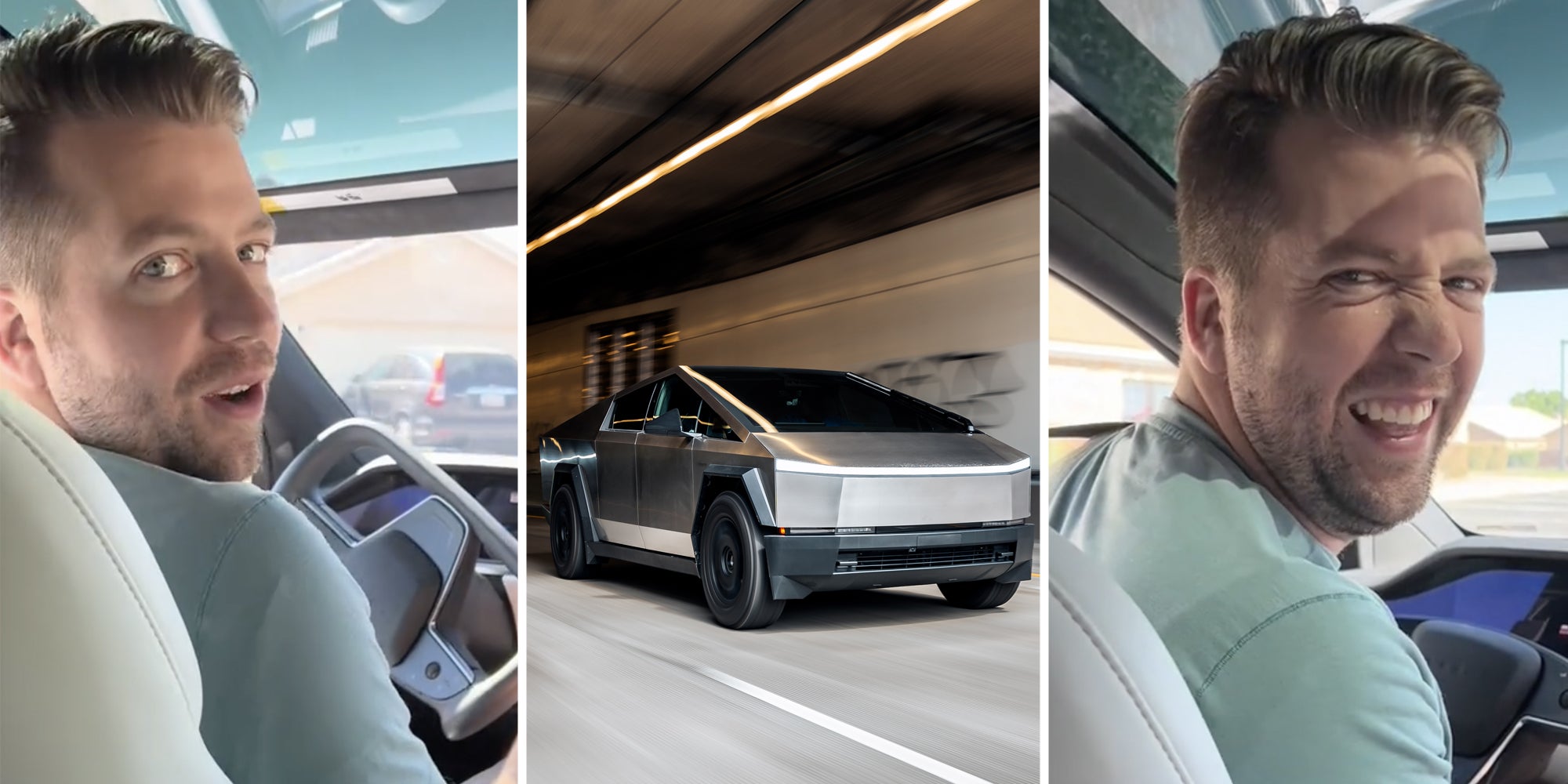 Man talking in front seat(l+r), Tesla driving(c)