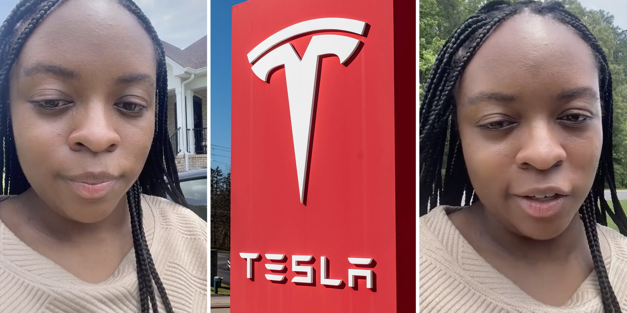 Woman talking(l+r), Tesla sign(c)