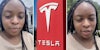 Woman talking(l+r), Tesla sign(c)