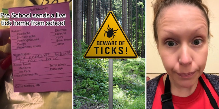 mom blasts school for sending a note with live tick home with her daughter;Beware of ticks! sign