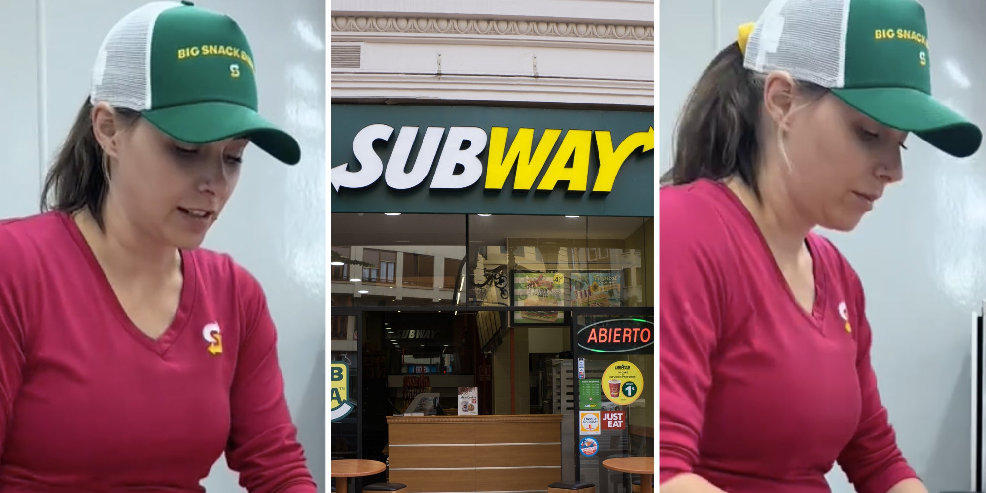 Woman talking(l+r), Subway storefront(c)