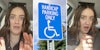 Woman talking(l+r), Handicap parking only sign(c)