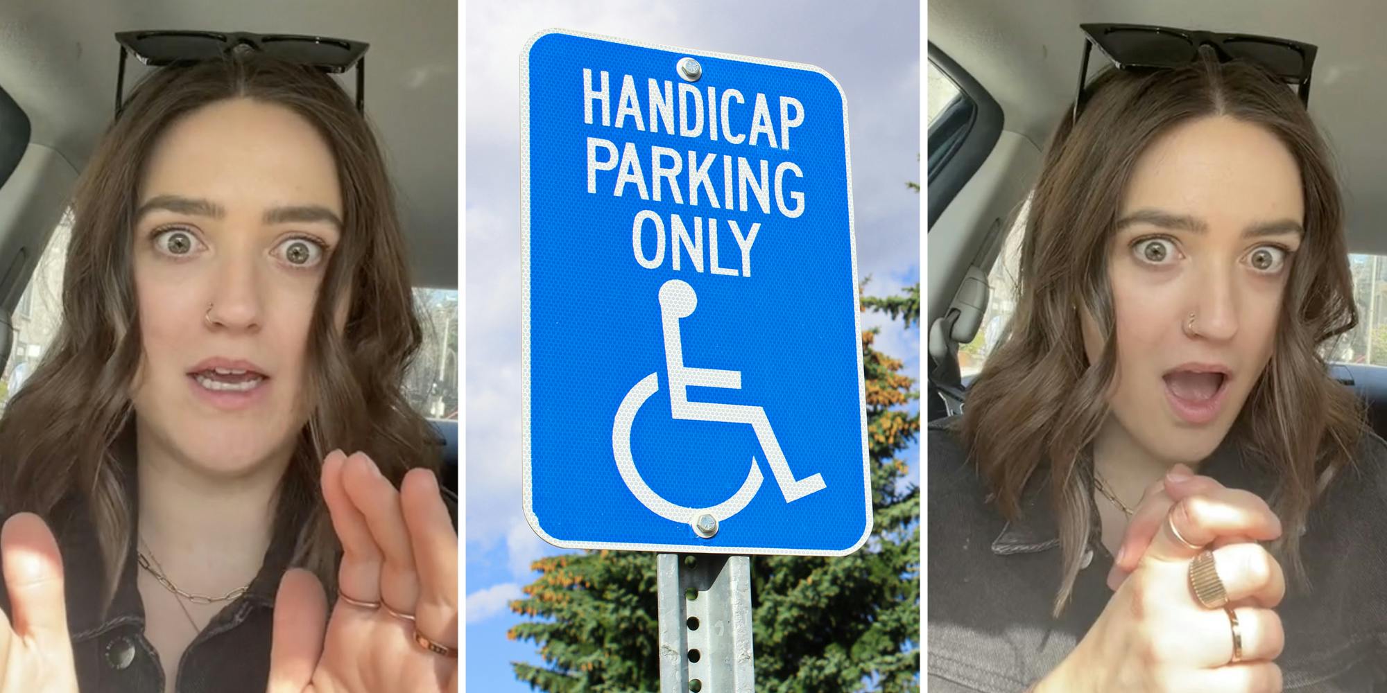 Woman talking(l+r), Handicap parking only sign(c)
