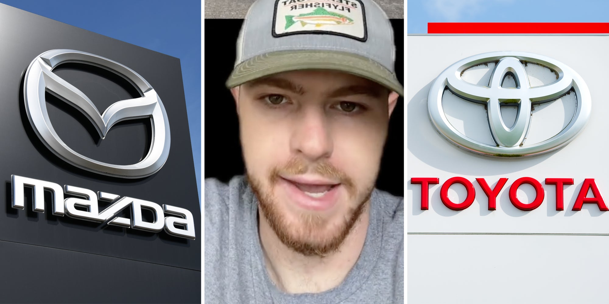 Mazda sign(l), Man talking(c), Toyota sign(r)