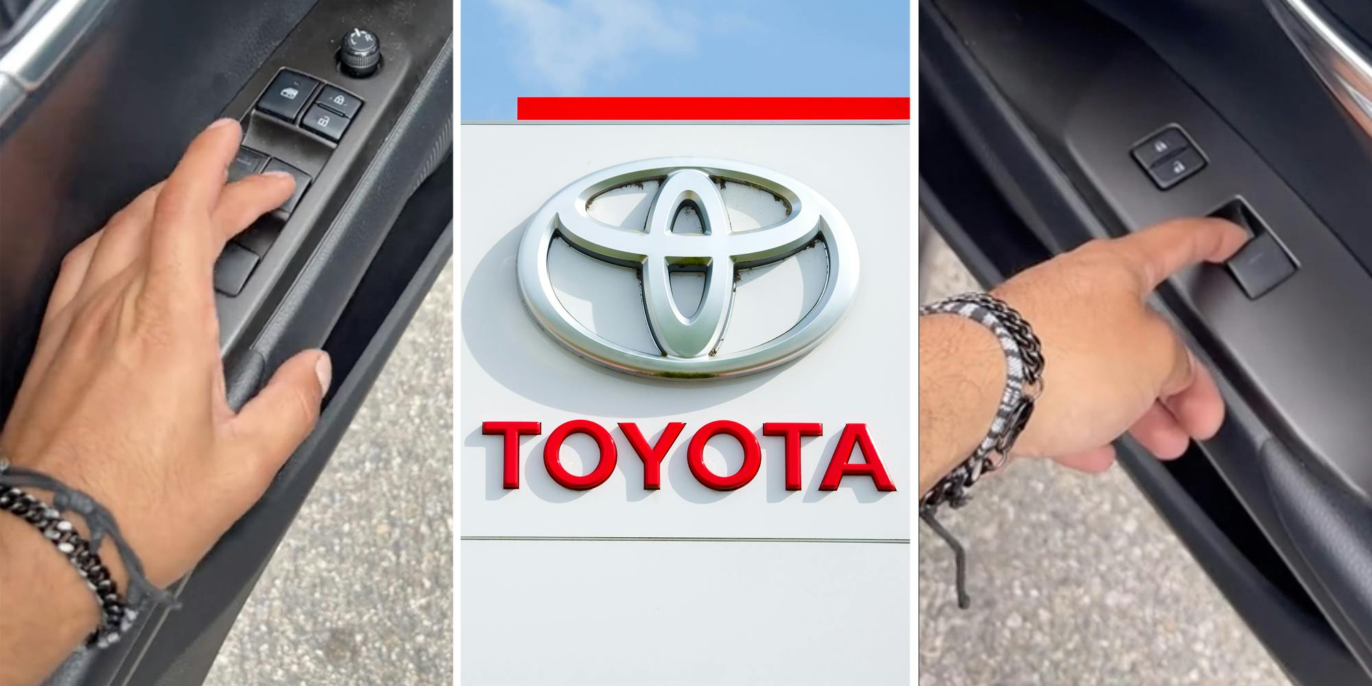 Hands pushing window buttons in car(l+r), Toyota sign(c)