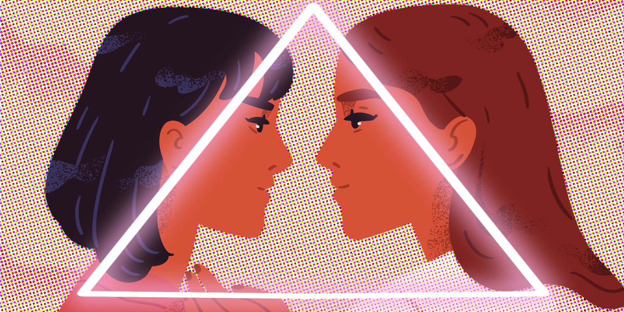 triangle method of flirting - Two woman flirting with pink triangle over them