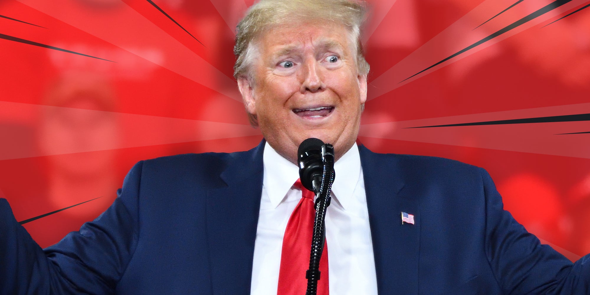 President Donald Trump gestures in total shock during a campaign rally at the Giant Center.