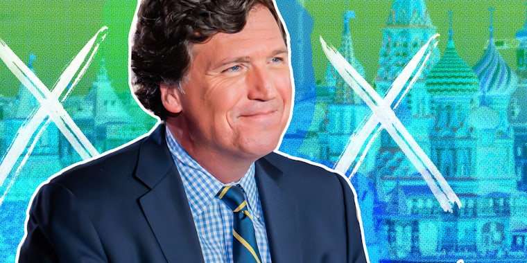 Tucker Carlson in front of Moscow Kremlin and St Basil's Cathedral and x's