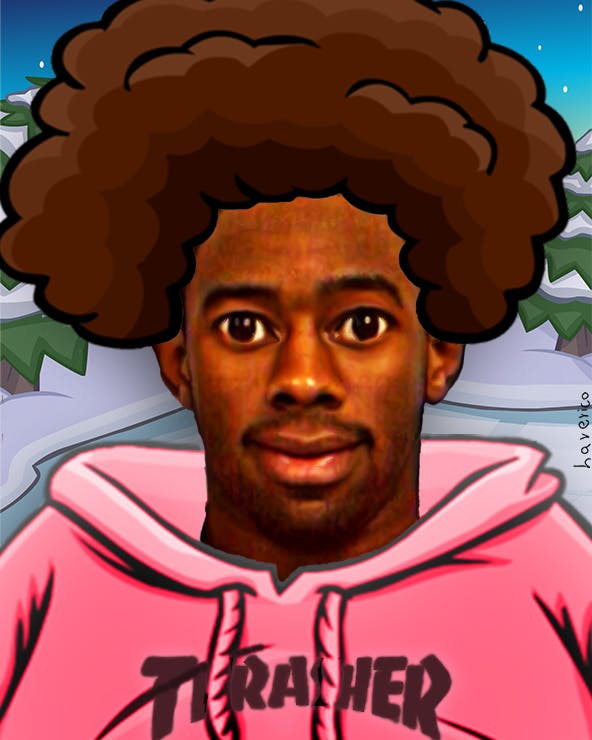 Tyler the Creator mugshot meme as a Club Penguin character