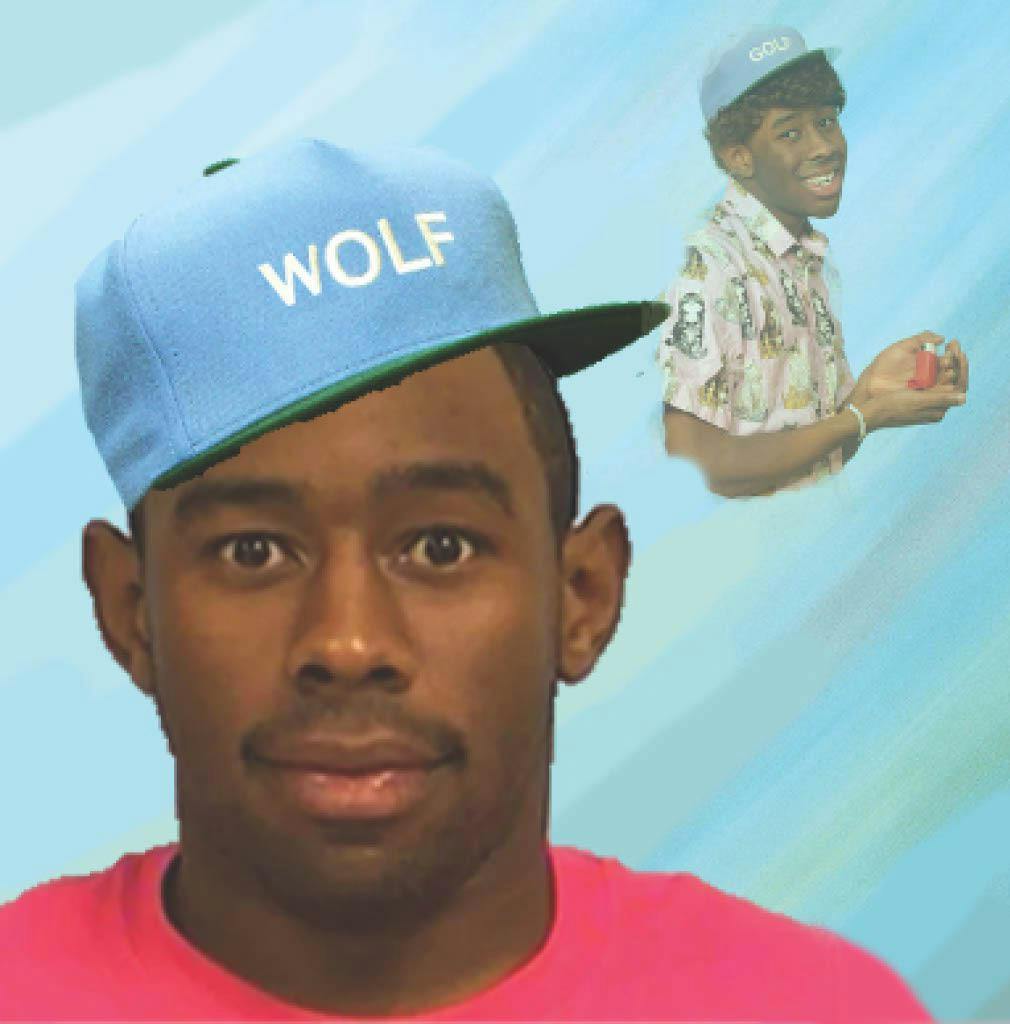 Tyler the Creator mugshot meme as an 80s photo with a 'wolf' hat.