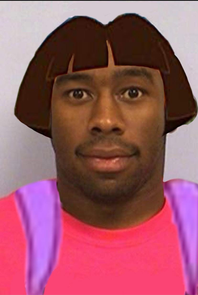 Tyler the Creator mugshot meme dressed as Dora the Explorer.