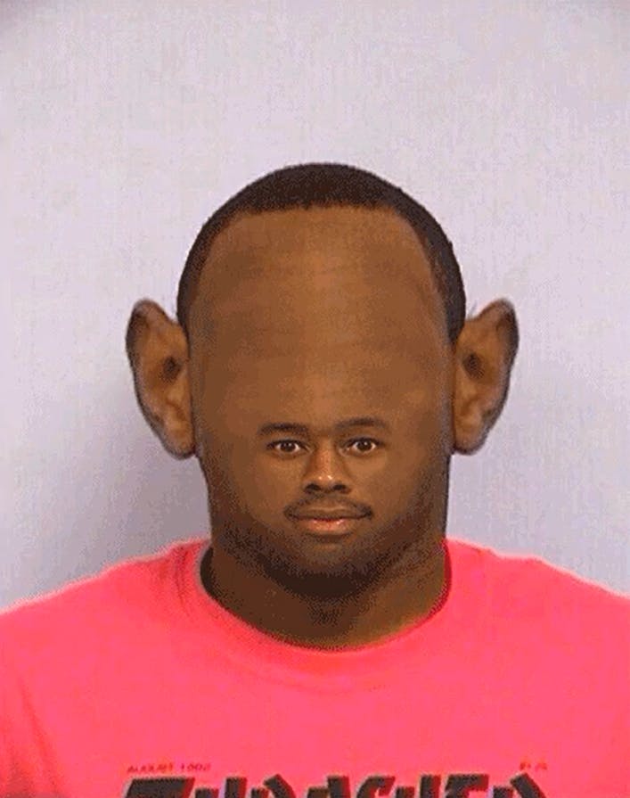 Tyler the Creator mugshot meme with his face shrunk to his chin.