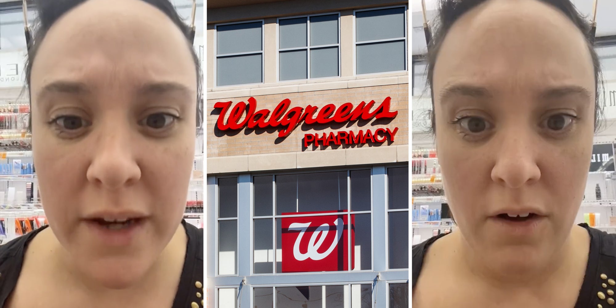 Woman talking(l+r), Walgreens store(c)