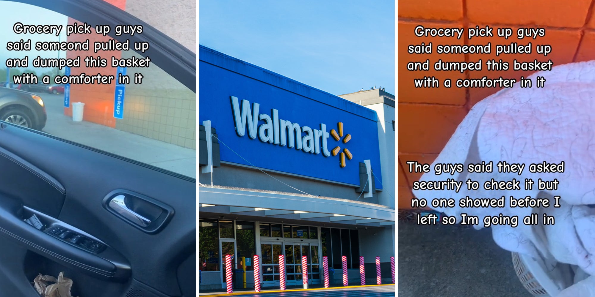 woman checks abandoned basket someone dropped off outside of Walmart