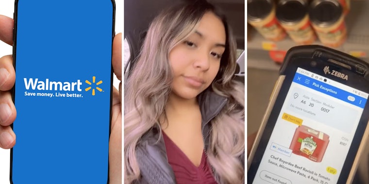 Hand holding phone with walmart app(l), Woman talking(c), Walmart scanner and shelves(r)