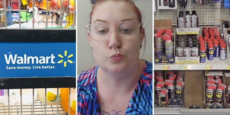 Walmart cart(l), Woman looking unsure(c), wd40 on shelves(r)