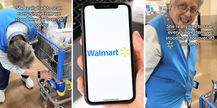 Walmart worker scanning item(l), Hand holding phone with walmart app(c), Walmart worker smiling(r)