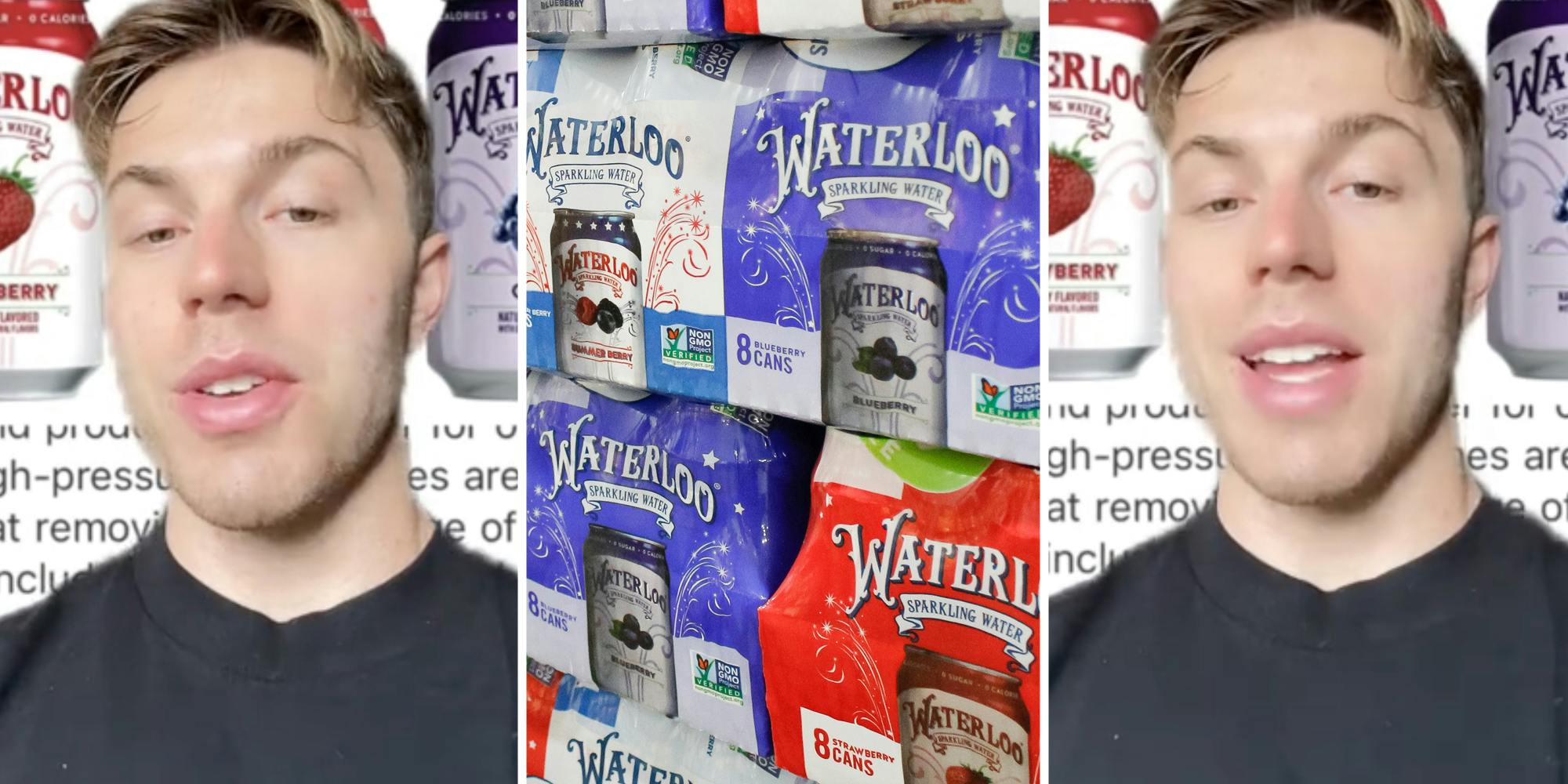 Man talking(l+r), Waterloo sparkling water boxes(c)