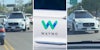 Waymo car driving the wrong way(l+r), Waymo logo(c)