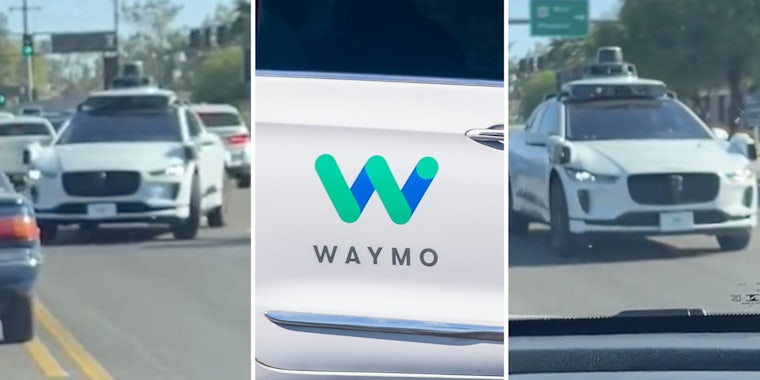 Waymo car driving the wrong way(l+r), Waymo logo(c)
