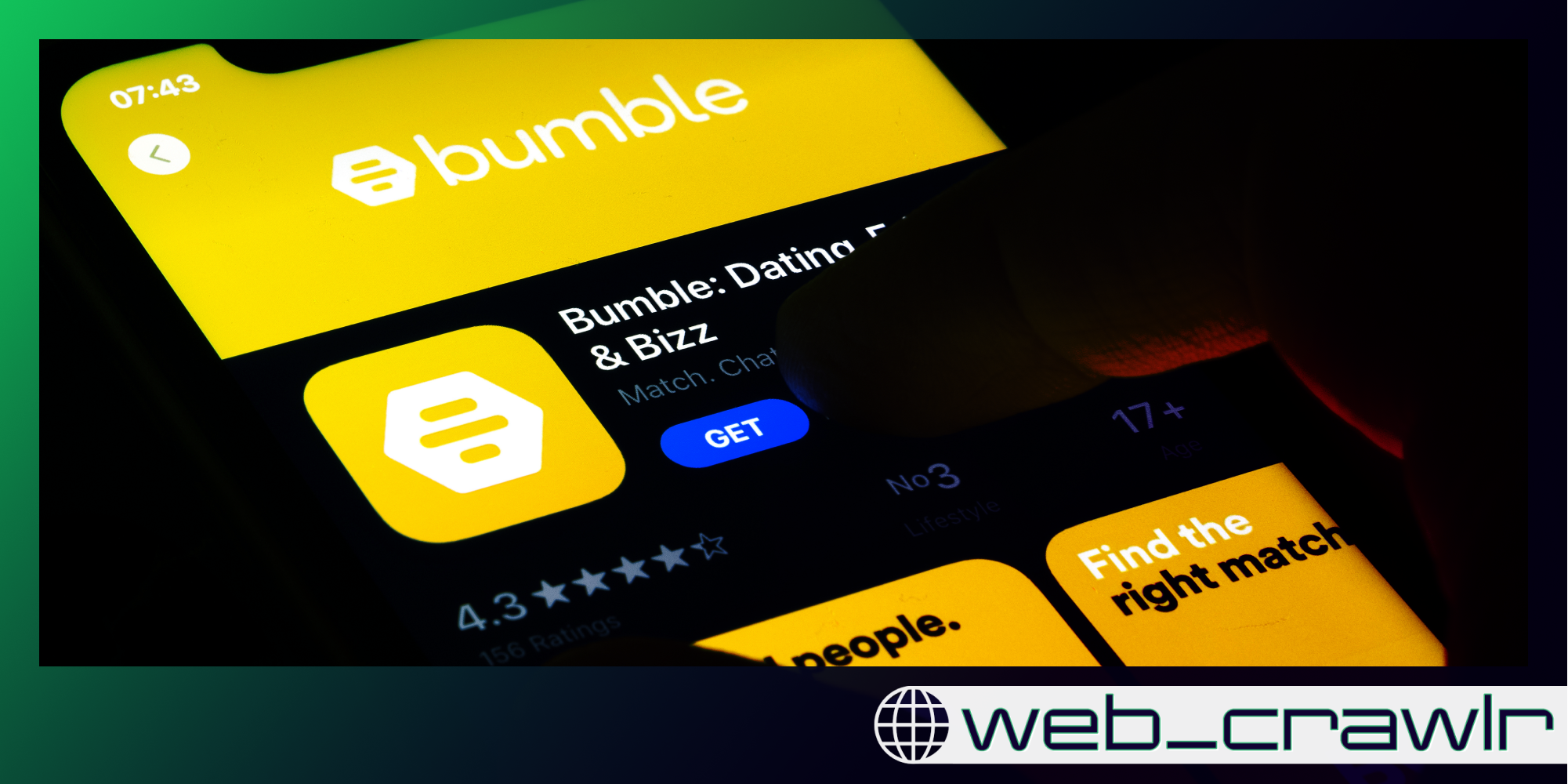 A person pressing the Bumble app icon. The Daily Dot newsletter web_crawlr logo is in the bottom right corner.