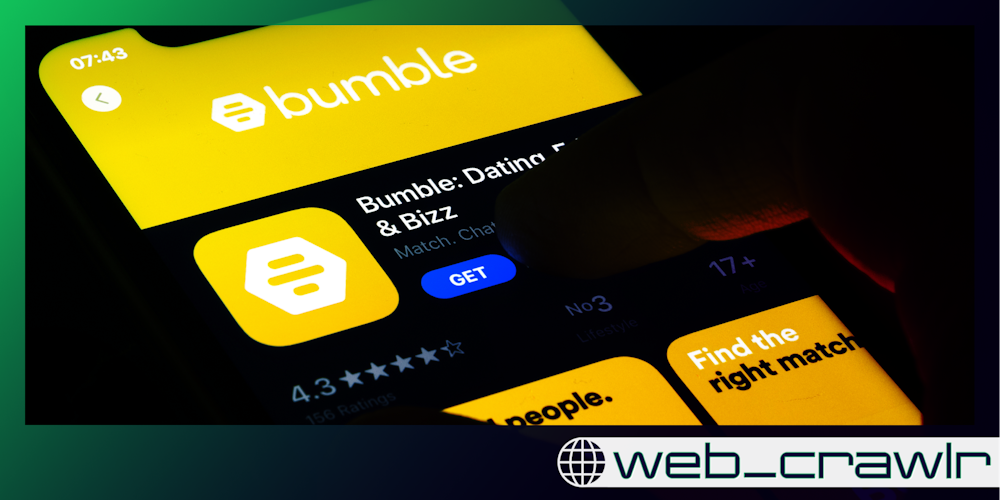 A person pressing the Bumble app icon. The Daily Dot newsletter web_crawlr logo is in the bottom right corner.