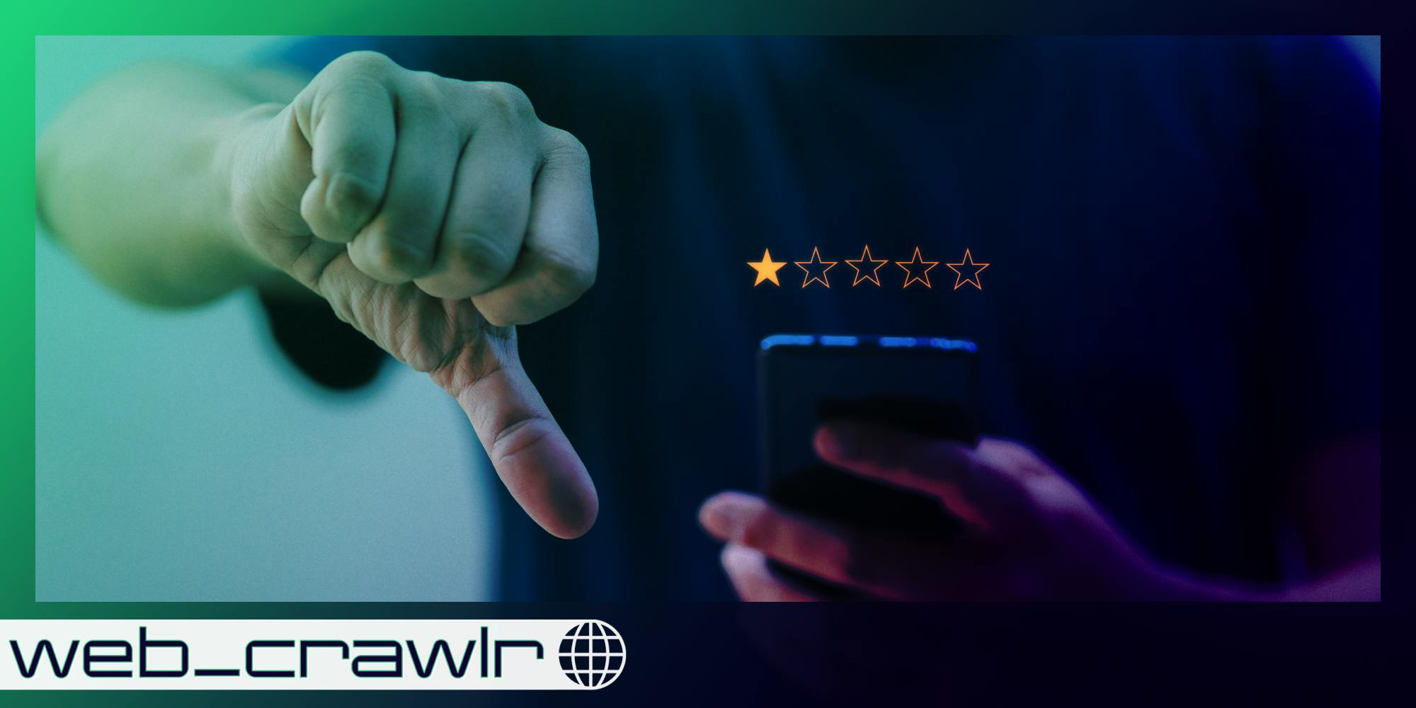 A person doing a thumb down and holding a phone with a one star review above it. The Daily Dot newsletter web_crawlr logo is in the bottom left corner.