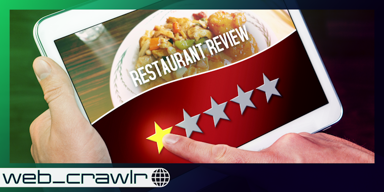 A tablet with the words 'restaurant review' and a person pressing one star. The Daily Dot newsletter web_crawlr logo is in the bottom left corner.