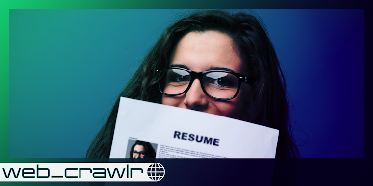 A woman holding a resume. The Daily Dot newsletter web_crawlr logo is in the bottom left corner.